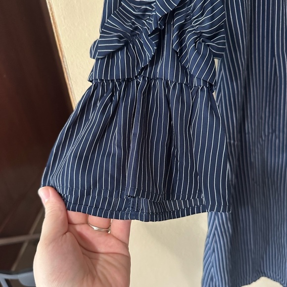 Luxology Navy and White Striped Ruffled Long Sleeve Knee Length Dress - Picture 2 of 7